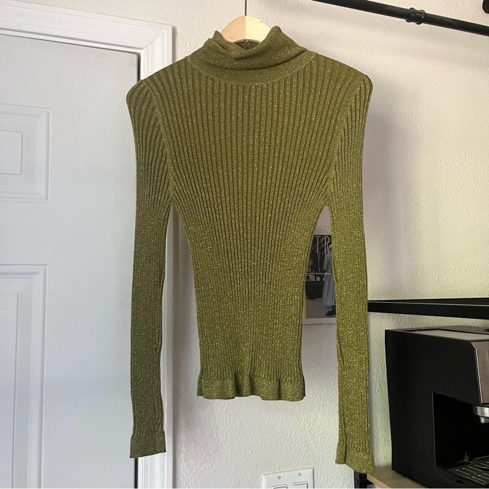 GORMAN olive army green cotton nylon glitter turtleneck rib knit long sleeve top